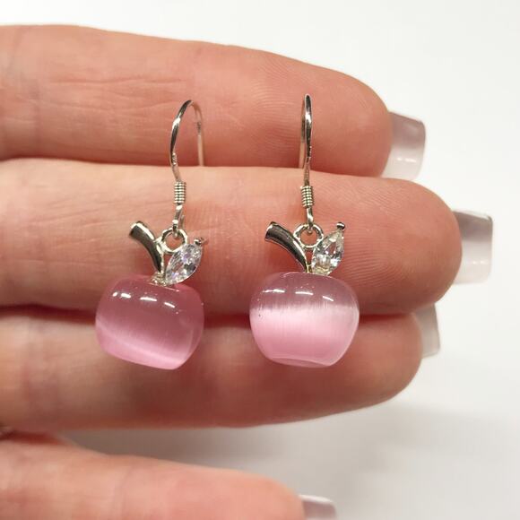 Cute 925 Sterling Silver Pink Cats Eye Apple Drop Dangle Earrings Teacher Gift - Picture 5 of 10